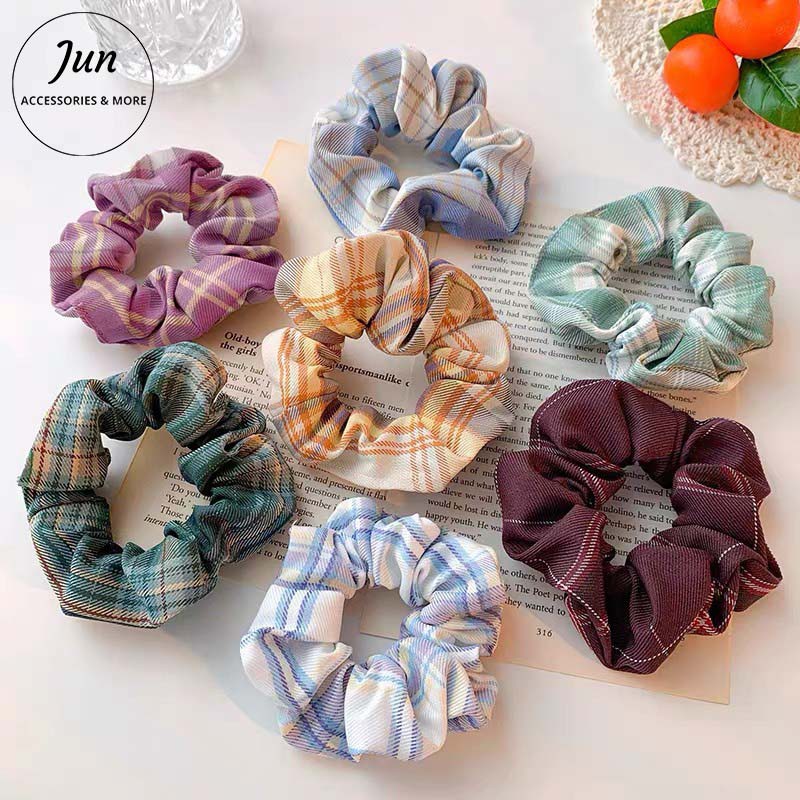 Dây buộc tóc Scrunchies, Họa Tiết Caro Vintage Hàn Quốc, Chun Buộc Tóc Scrunchies Sành Điệu