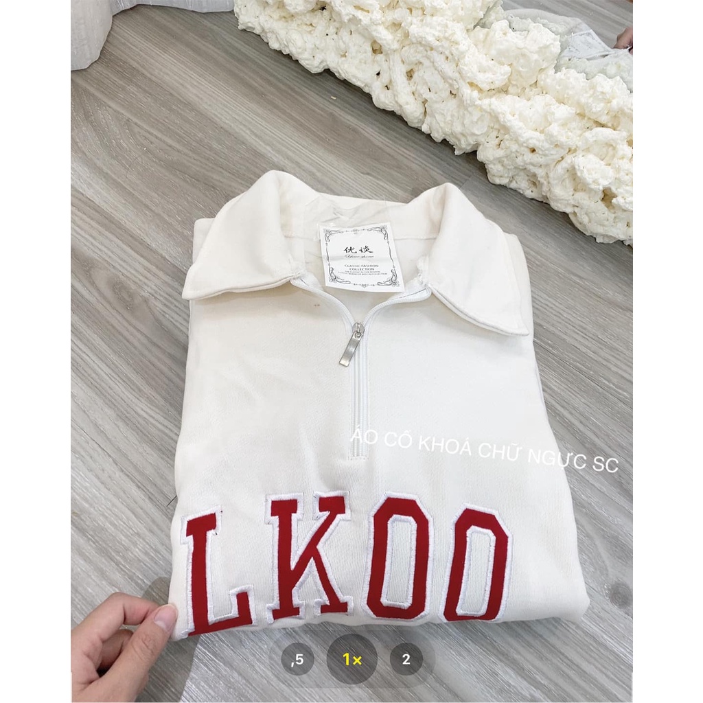 Áo nỉ polo sweater zip form rộng nam nữ cổ cao tay dài có khóa kéo hàn quốc màu trắng LKOO Unisex ulzzang