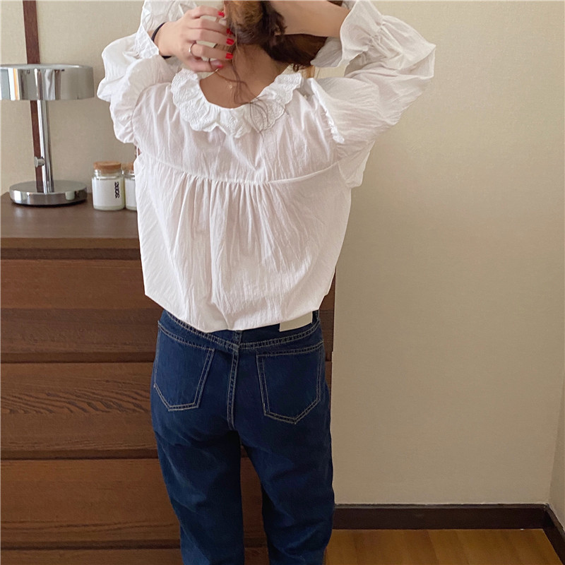 Áo kiểu Peppermint 37488 tay dài phối bèo thiết kế cổ chữ V màu trơn tùy chọn