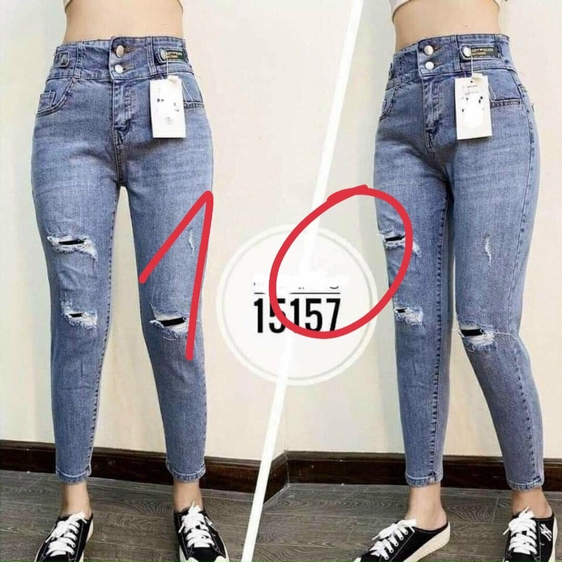 [BÁN SỈ] Quần BAGGY Bò 2 Cúc Đĩa Cạp Rách Đùi Co Giản
