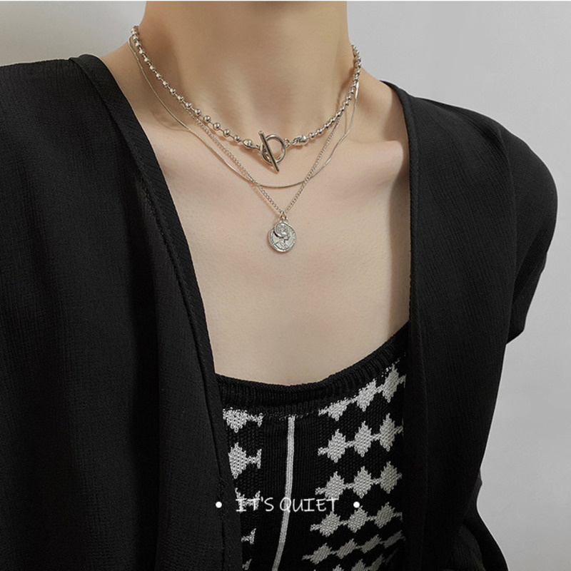 Dây Chuyền Nhiều Lớp Mặt Chân Dung Tròn 191036Dây Chuyền Phong Cách Harajuku Đơn Giản Hợp Thời Trang