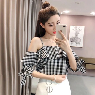 Áo hở vai dây caro