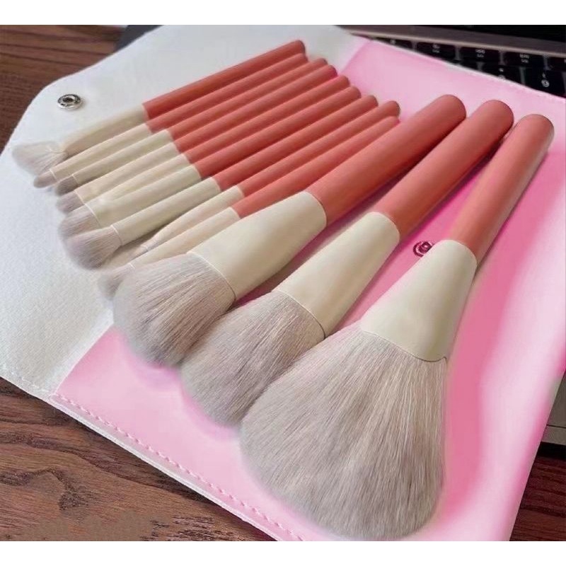 (Tặng kèm túi đựng da) Bộ cọ 12 món tone đỏ cam makeup chuyên dụng