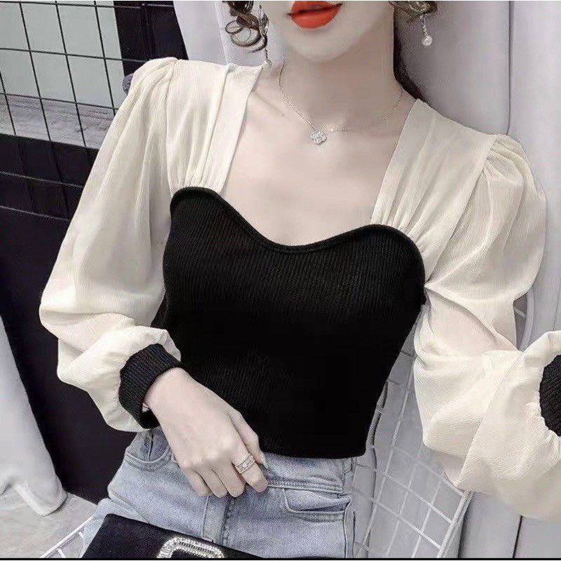 Áo kiểu tay dài phối 2 màu siêu xinh (a15)
