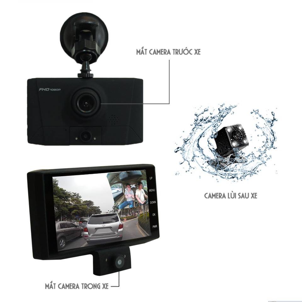 Camera hành trình ô tô 3 mắt màn hình 4 inch LCD full HD 1080p – Tặng kèm camera lùi -TC AUTO