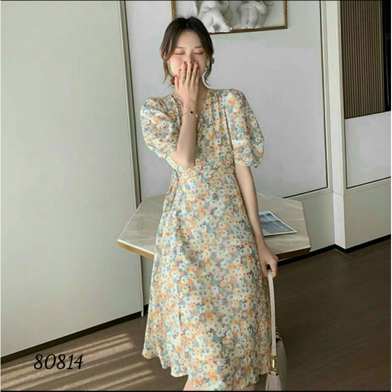 Đầm hoa lụa thắt dây eo tay phồng💕kèm video + hình thật💕