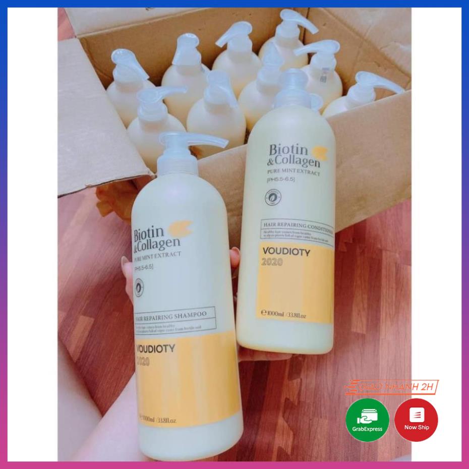 CẶP 2 CHAI Dầu gội xả Biotin Collagen vàng 1000ml phục hồi tóc hư tổn