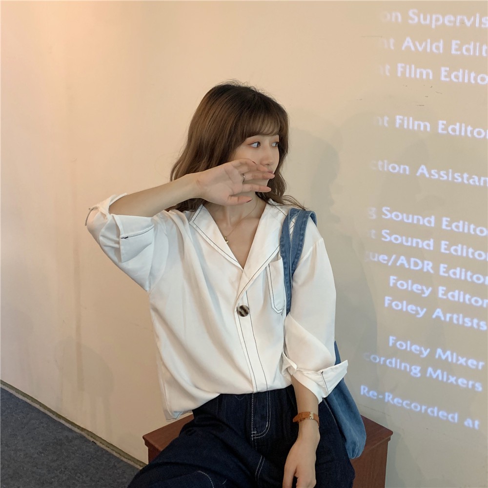 Áo sơ mi tay dài dáng rộng cổ chữ V thời trang phong cách Hàn Quốc cho nữ