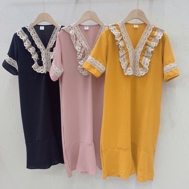 Đầm Bầu, Váy Bầu Cổ Ren Bèo Ngực Tay Lỡ - Hàng Loại 1 - Chuẩn Mềm Đẹp Ren Xịn - V04