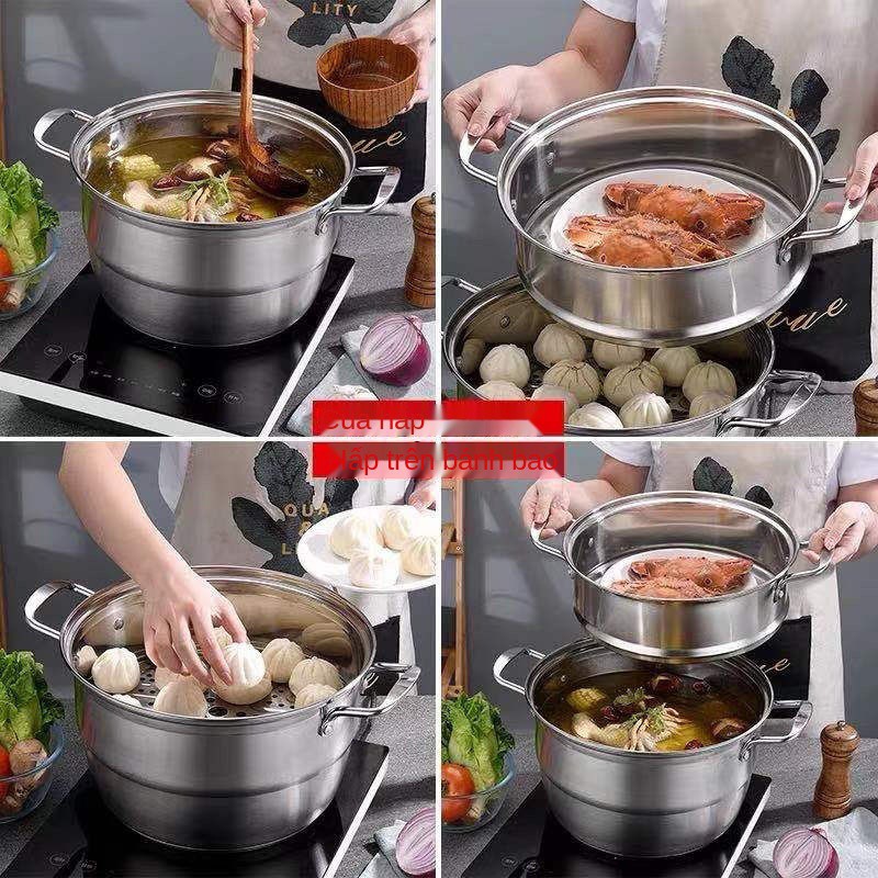 Nồi hấp súp inox nhiều lớp dày một đáy hấp bánh giò hấp nồi súp nồi nấu phở gia đình bếp ga từK