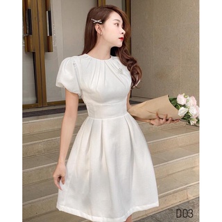 LIKEHER - ĐẦM DỰ TIỆC ĐẦM TRẮNG DỰ TIỆC CỔ TRÒN XẾP LY D3