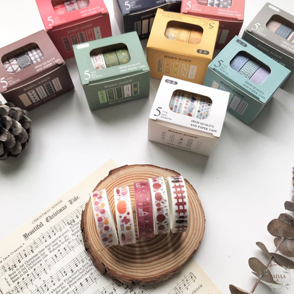 Set 5 washi tape họa tiết hoa lá vintage băng keo giấy caro trang trí sổ màu sắc