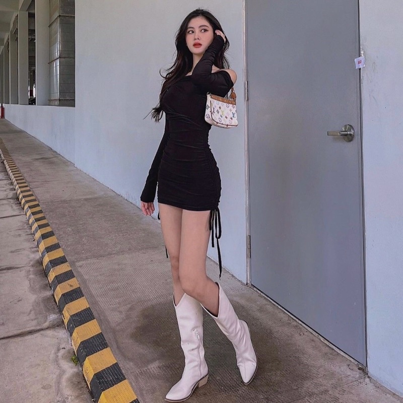 Đầm thun body trễ vai rút nơ