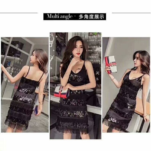 Đầm 2 dây kim sa tua rua