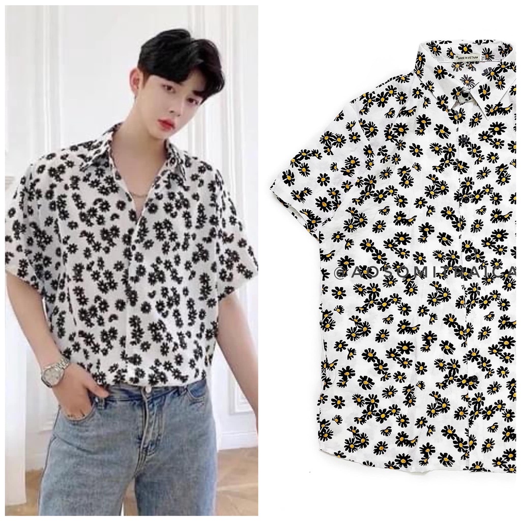 Áo sơ mi Hawaii Nam Nữ Hoa Cúc Nhí trắng/đen fullsize 45-85kg