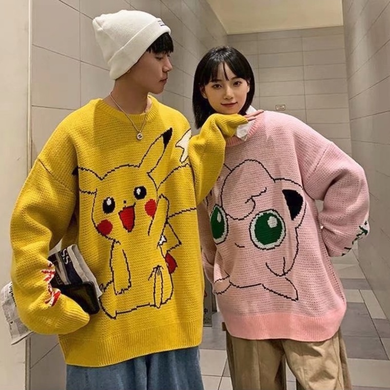 Áo sweater dệt kim tay dài cổ tròn dáng rộng in họa tiết hoạt hình phong cách Hàn Quốc thời trang unisex