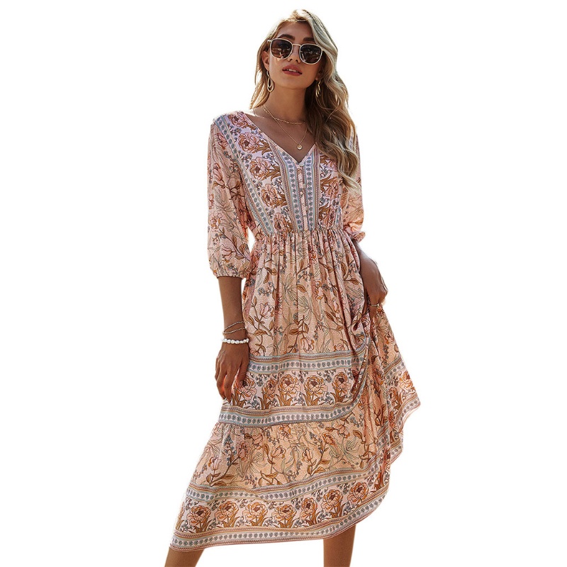 Đầm Midi Chữ A Tay Phồng In Họa Tiết Hoa Phong Cách Bohemian Thời Trang Đi Biển Cho Nữ