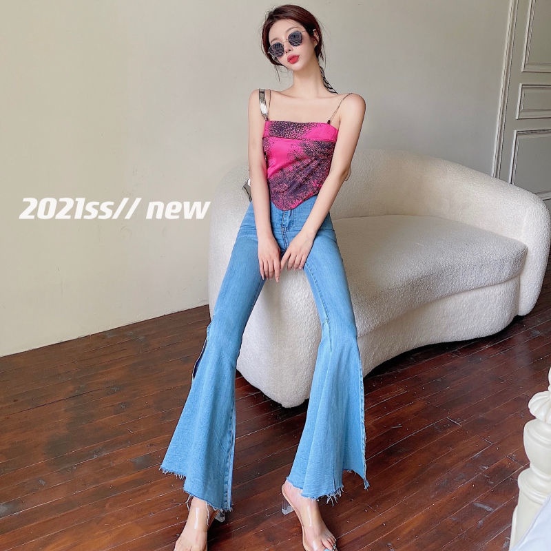 Jiashucheng Hyuna Quần Jean Dài Ống Loe Xẻ Tà Cạp Cao Ôm Dáng Phong Cách Mùa Xuân Mới Cho Nữ