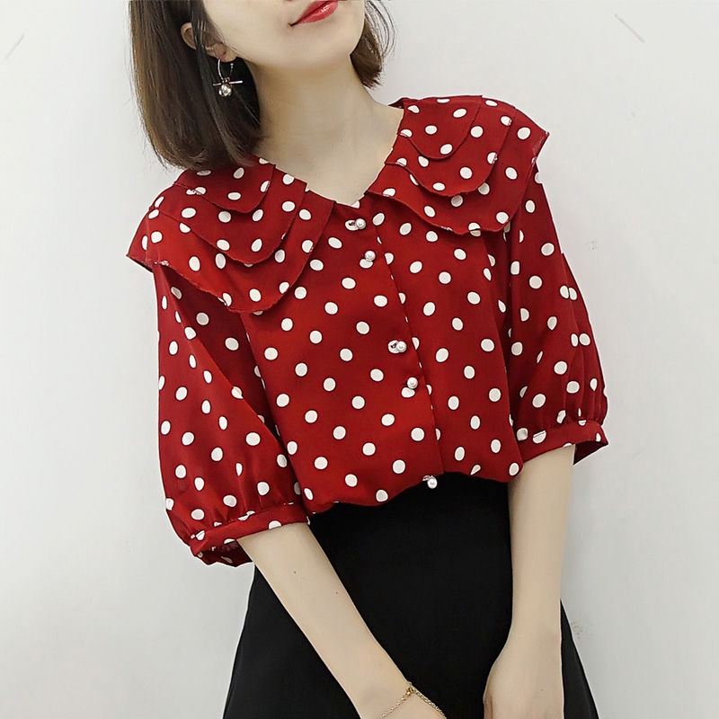 Polka Dot Blouse Women's Casual and Versatile Women's Korean Fashion Chiffon Short Sleeve New Shirt