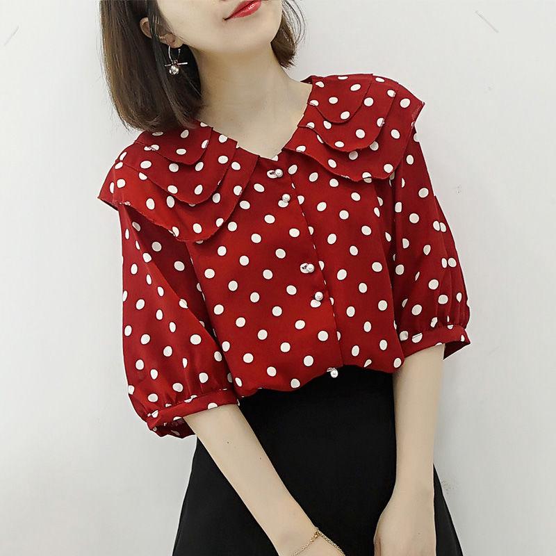 Polka Dot Blouse Women's Casual and Versatile Women's Korean Fashion Chiffon Short Sleeve New Shirt