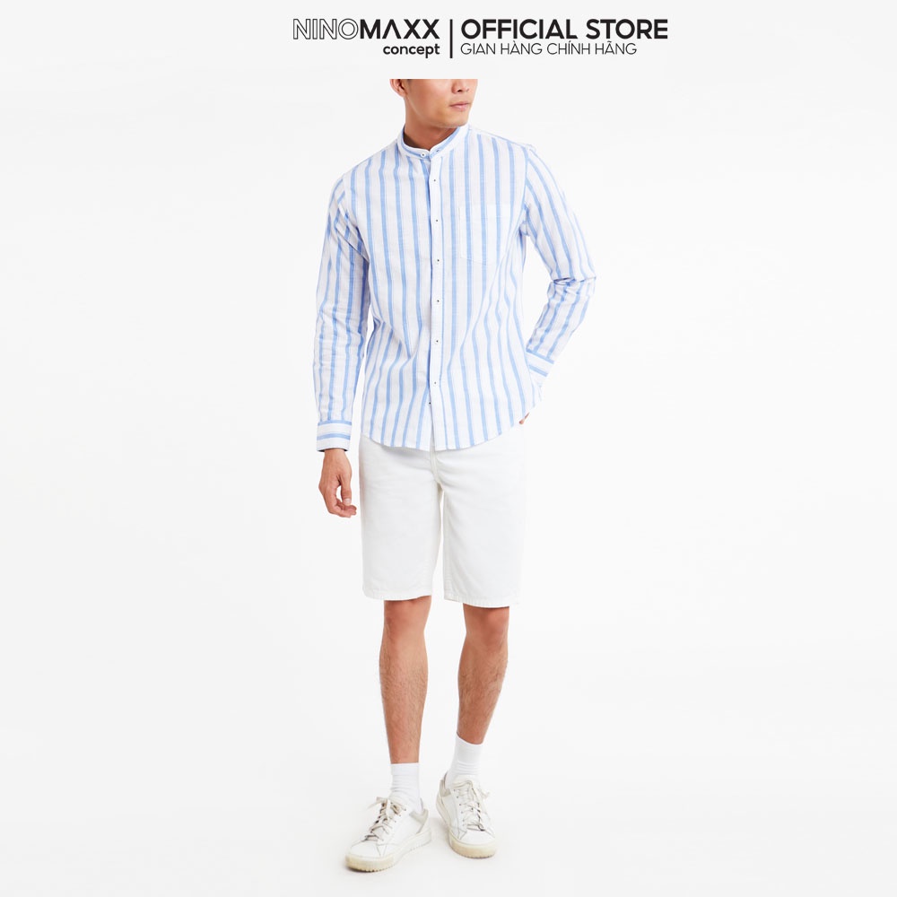 Ninomaxx Áo sơ mi nam cổ trụ kẻ sọc chất cotton 2003111