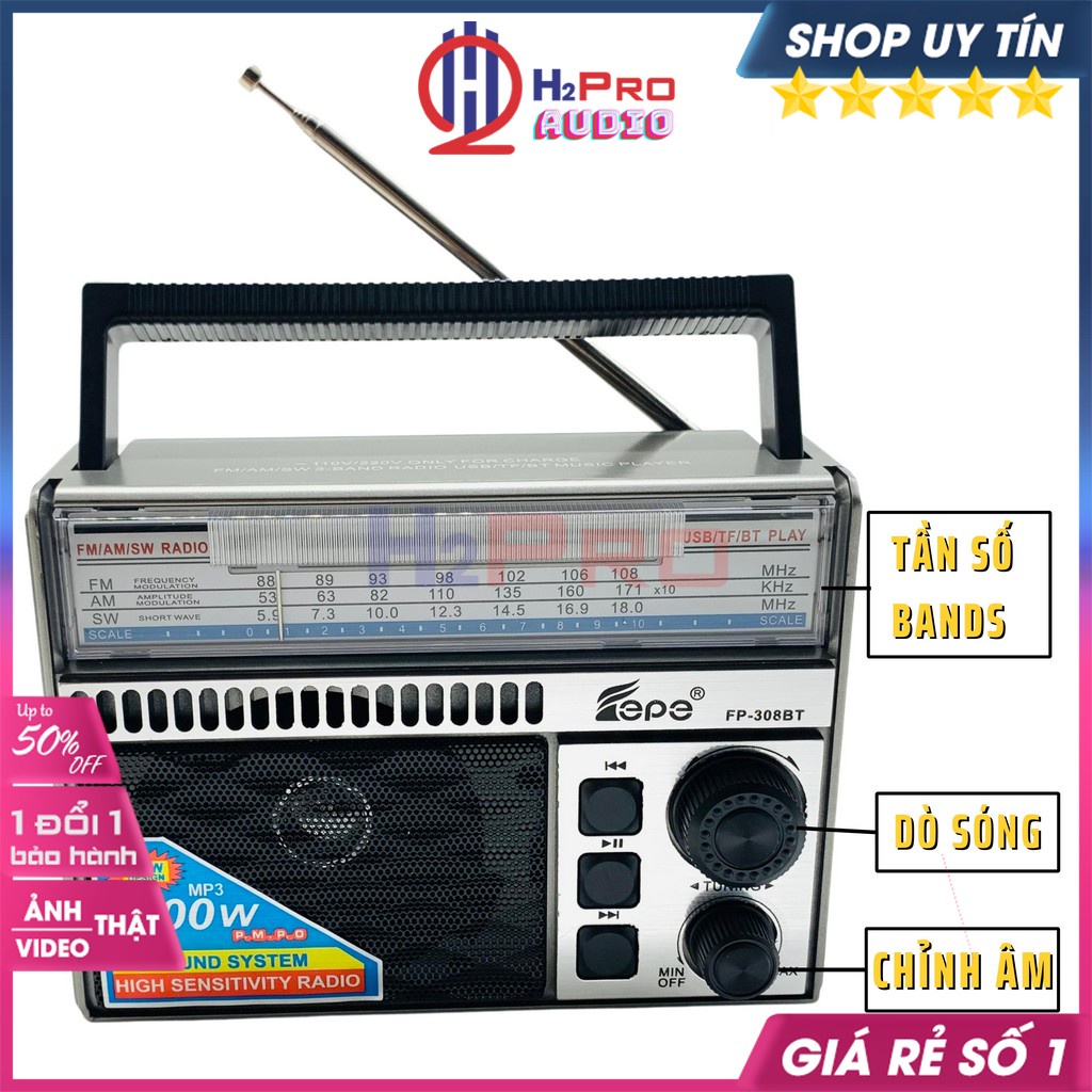 Đài Radio Fm-Am-Sw, Máy Nghe Nhạc Bluetooth Fepe Fp-308BT Cao Cấp Mp3-Usb-TF-Aux, Quà 50k Pin Sạc-H2Pro Audio