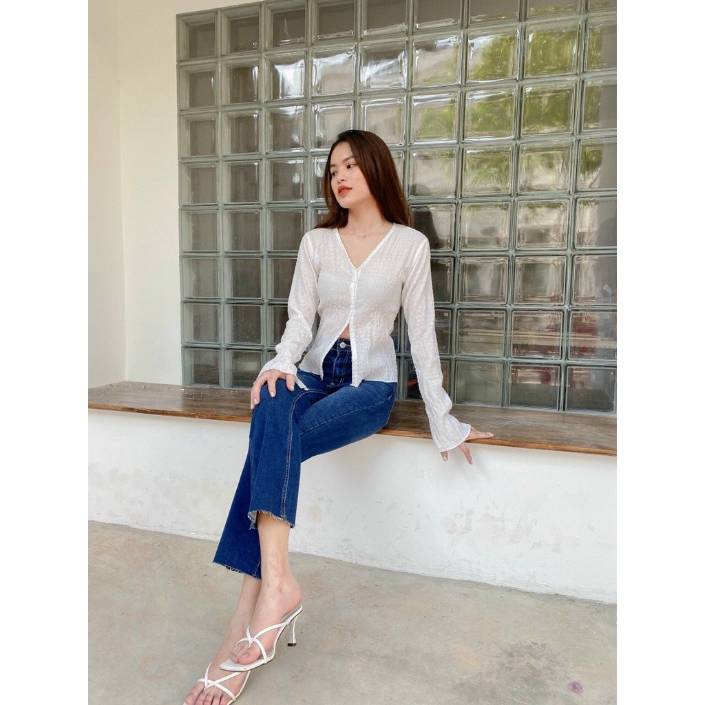 Quần jean loe trơn 9 tấc lai tua rua nhẹ - OnleeLoe9tac