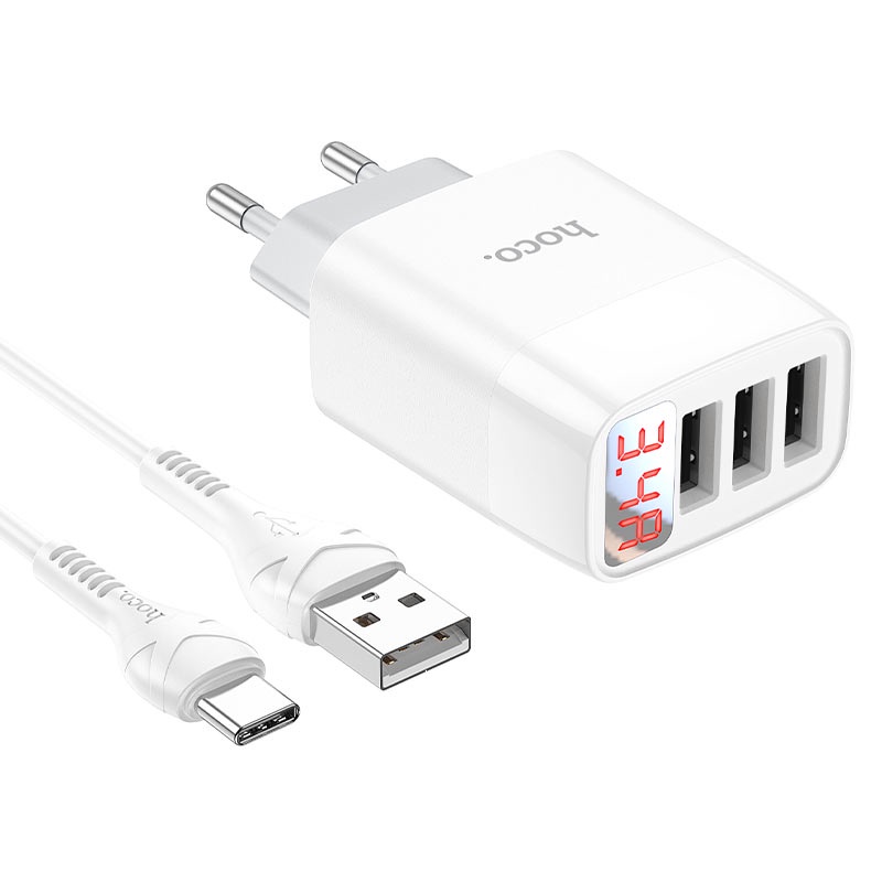 Bộ sạc 3.4A Hoco C93A đèn LED báo sạc, 3 cổng USB, cho IP, Micro,Type-C dây dài 1m - Chính hãng