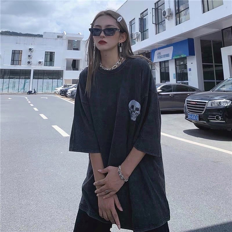 Áo phông hoạ tiết đầu lâu vải wash