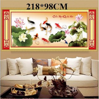 tranh thêu chữ thập cá chép cửu ngư quần hội tuyệt đẹp 149x68cm