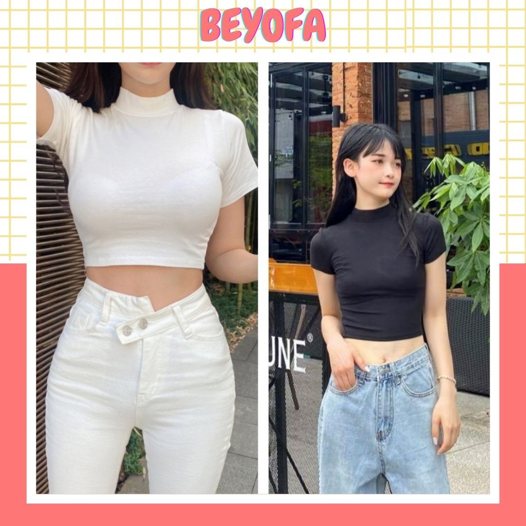 Áo Croptop Nữ Thun Body Cổ 3 Phân Gợi Cảm - Áo Ngắn Trơn Nữ Cộc Tay 2 Màu Đen Trắng