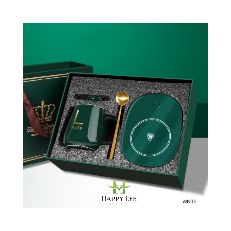 Cốc hâm nóng đồ uống kèm đế điện, bộ ly cốc hâm nóng - Happy Life 4U