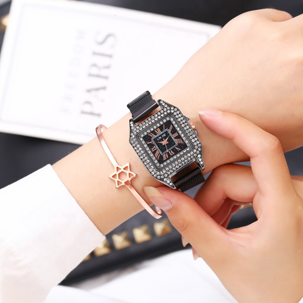Đồng hồ đeo tay mặt vuông phối khóa nam châm bằng thép không gỉ | BigBuy360 - bigbuy360.vn