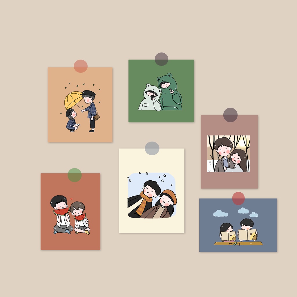 Set 12 postcard couple vuông decor hình vẽ cặp đôi trang trí bàn học trang trí nhà cửa