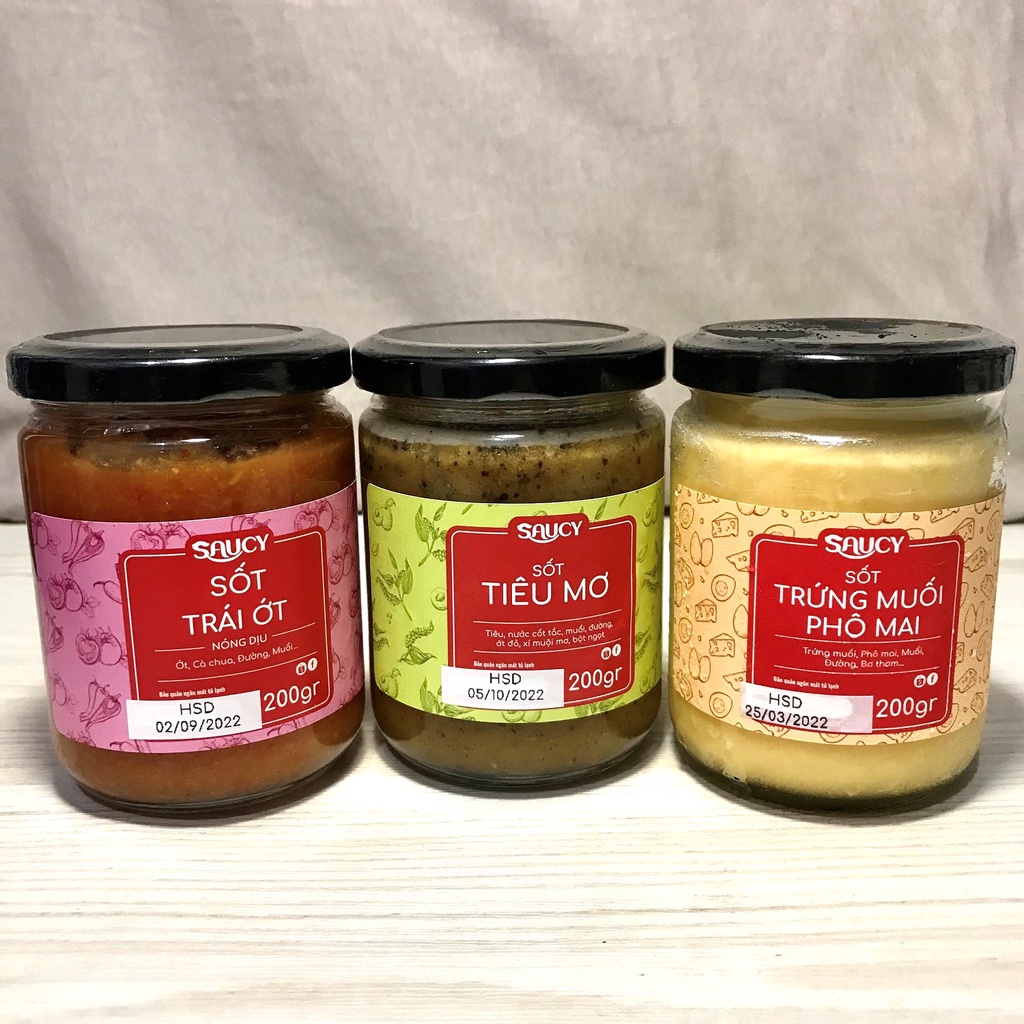 Combo 1 sốt Trứng Muối Phô Mai Saucy 200gr + Sốt Tiêu Mơ Saucy 200gr + 1 Tương Ớt Saucy 200gr