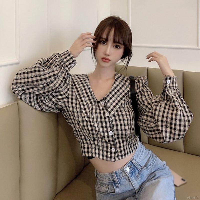 Áo Sơ Mi Ca Rô Ngắn Tay Cổ Búp Bê Xinh Xắn Dễ Thương Dành Cho Nữ