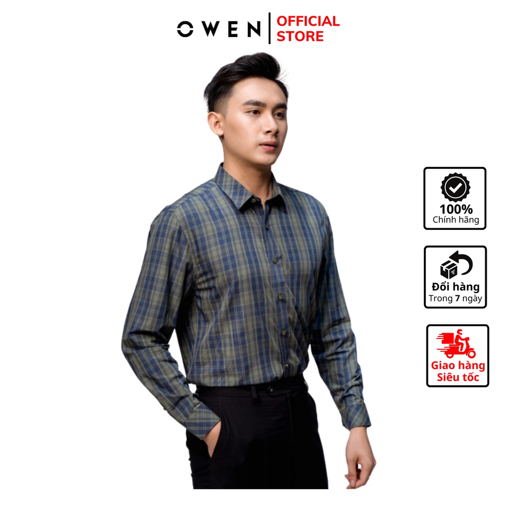 Áo Sơ Mi Nam Tay Dài Owen AS23219D Màu Navy Rêu Kẻ Caro Kiểu Dáng Slim Fit Không Túi Chất Liệu Sợi Tre Cao Cấp