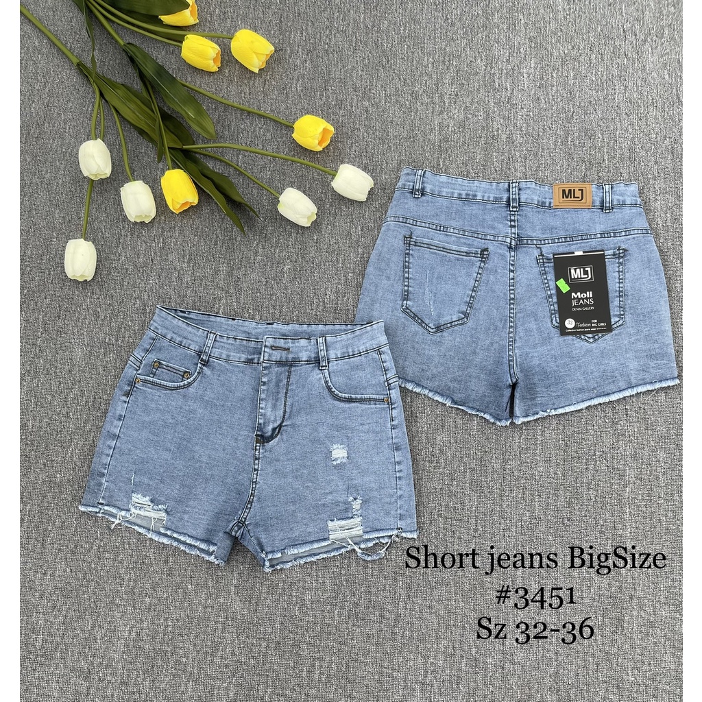Quần short jean nữ BigSize lưng cao trên rốn, co dãn mạnh, tua lai, màu xanh nhạt rách kiểu dành cho người mập 3451 MLJ