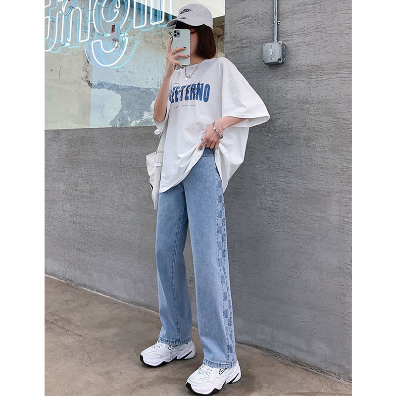 Plus Quần Jean Dài Lưng Cao Ống Rộng Sọc Ca Rô Thời Trang Trẻ Trung