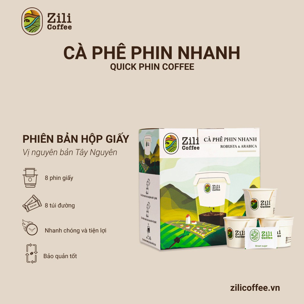 Cà phê rang xay nguyên chất 100% phin giấy tiện lợi Zili Robusta x Arabica tỉ lệ 9/1 (gồm 8 phin giấy + 8 gói đường)