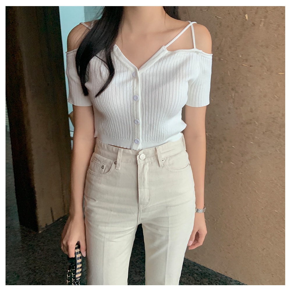 SUXI Áo Dệt Kim Tay Ngắn Trễ Vai Dáng Ôm Phong Cách Hàn Quốc Quyến Rũ Cho Nữ