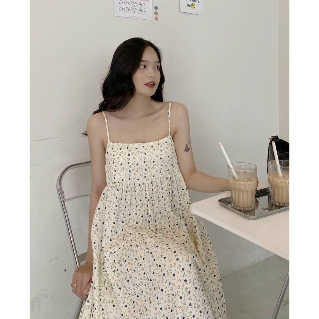 Đầm Hai Dây Dáng Suông Hoa Nhí Màu Vàng Nữ 🎁 Nana's House - FREESHIP 🎁 Váy midi 2s mặc đi biển kiểu Ulzzang  ཾ