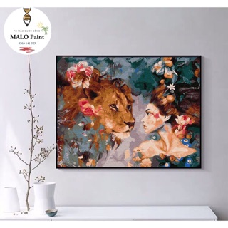 Tranh tự tô màu sơn dầu số hoá HÀNG SẴN Tranh cô gái và sư tử Tranh Trừu Tượng Động Vật và Con Người