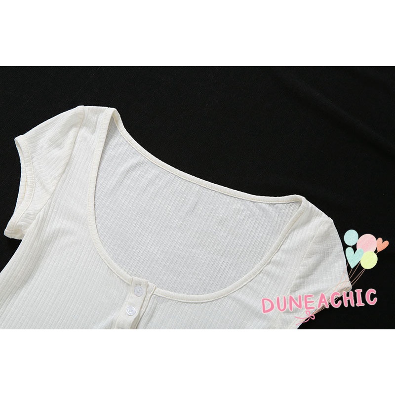DUNEA Áo Thun Lửng Tay Ngắn Cổ Chữ U Màu Sắc Đơn Giản Cho Nữ