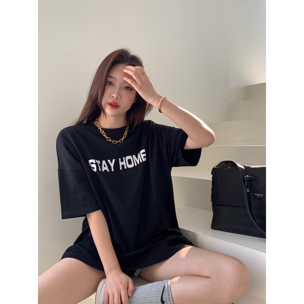 Áo thun cổ tròn tay ngắn form rộng cá tính hoạ tiết in chữ thời trang cho nữ