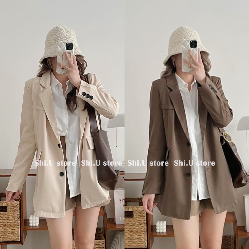 Áo blazer áo khoác vest nữ 2 lớp dáng rộng 2 cúc túi hộp phong cách Hàn Quốc