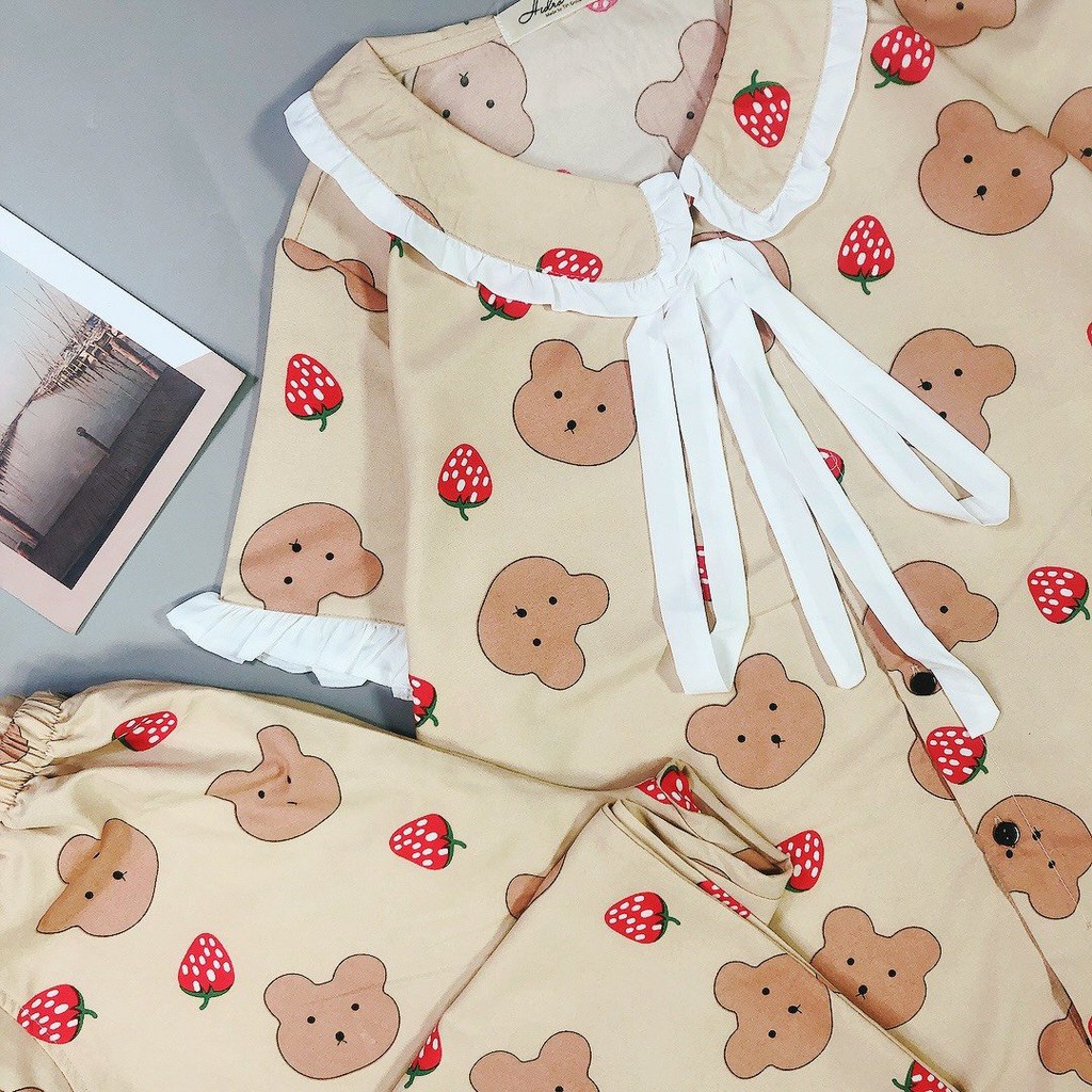 Set bộ mặc nhà tay ngắn quần dài cổ bèo nơ tiểu thư bảng màu đẹp(3m-no).
