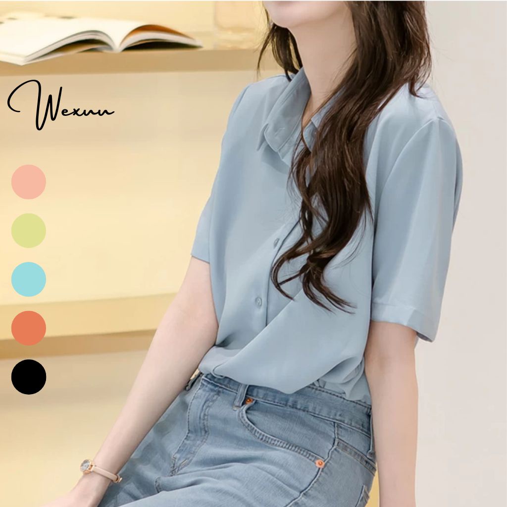 Áo sơ mi nữ ngắn tay Wexuu Design, Áo nữ form rộng trơn bassic thời trang trang chất liệu Lụa hàn cao cấp SM19 Xanh