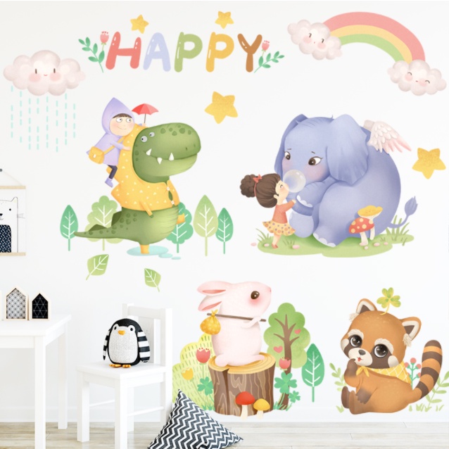 Decal trang trí tường - Những người bạn thú dễ thương Happy