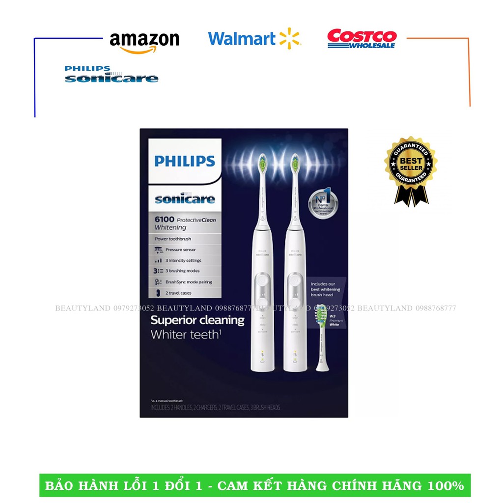 Bộ Đôi Bàn chải điện Philips Sonicare 6100 Protective Clean Whitening, PerfectClean [Hàng Mỹ]